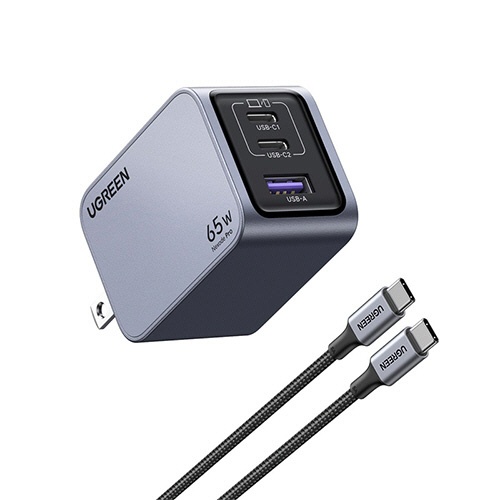ユーグリーン　Ｎｅｘｏｄｅ　Ｐｒｏ　急速充電器　６５Ｗ　ＧａＮ　ＵＳＢ　Ｔｙｐｅ－Ｃ×２／Ａ×１　グレー　２５８７０　１個3