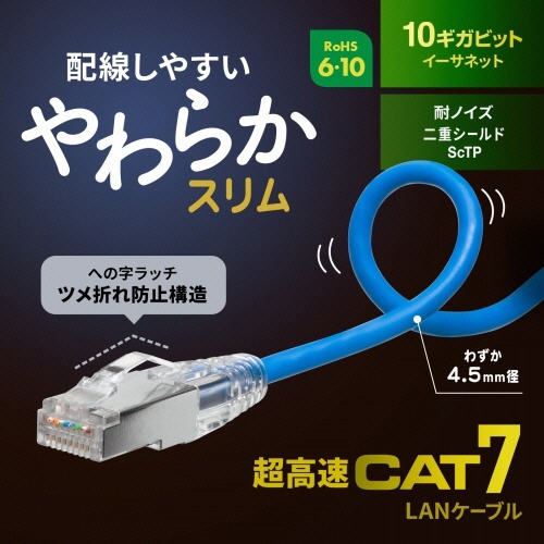 サンワサプライ　カテゴリ７　ＬＡＮケーブル（スリム・やわらか・ツメ折れ防止コネクタ）　ブルー　０．５ｍ　ＫＢ－ＳＬ７ＹＳ－００５ＢＬ　１本2