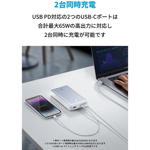 アンカージャパン　モバイルバッテリー　ＡＮＫＥＲ　５３７　ＰｏｗｅｒＢａｎｋ（ＰｏｗｅｒＣｏｒｅ　２４０００　６５Ｗ）　２４０００ｍＡｈ　ホワイト　Ａ１３７９Ｎ２１　１個2