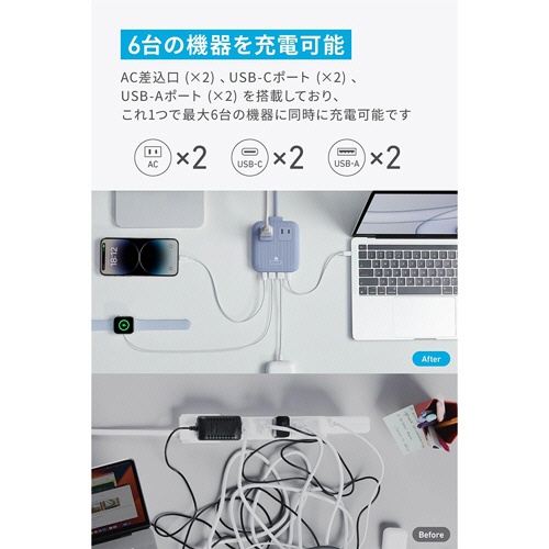 アンカージャパン　電源タップ　ＡＮＫＥＲ　Ｎａｎｏ　Ｃｈａｒｇｉｎｇ　Ｓｔａｔｉｏｎ（６－ｉｎ－１　６７Ｗ）　グレイッシュブルー　Ａ９１２９Ｎ３１　１個3