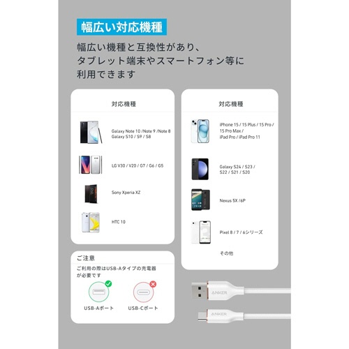 アンカージャパン　ＡＮＫＥＲ　ＵＳＢ－Ｃ　＆　ＵＳＢ－Ａ　ケーブル　Ｆｌｏｗ　０．９ｍ　クラウドホワイト　Ａ８５Ｇ１Ｎ２１　１本6
