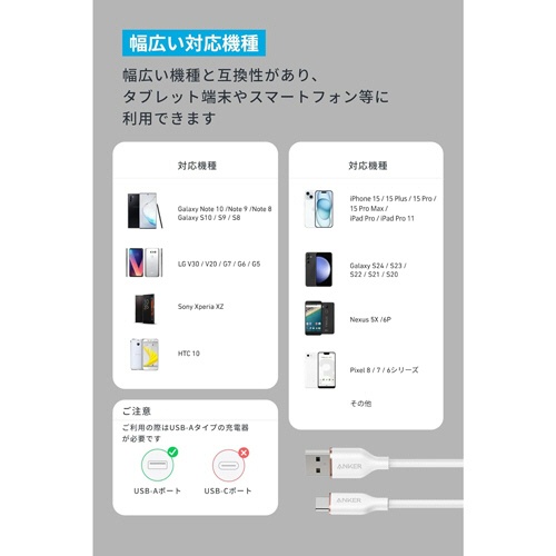 アンカージャパン　ＡＮＫＥＲ　ＵＳＢ－Ｃ　＆　ＵＳＢ－Ａ　ケーブル　Ｆｌｏｗ　１．８ｍ　クラウドホワイト　Ａ８５Ｇ１Ｎ２２　１本6