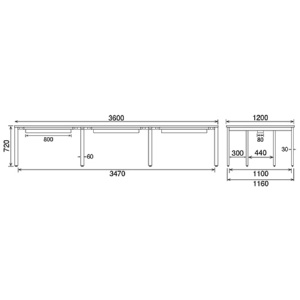 フリーアドレステーブル　幅３６００×奥行１２００×高さ７２０ｍｍ　ブラックフレーム　天板：ウッドグレイン　１台2