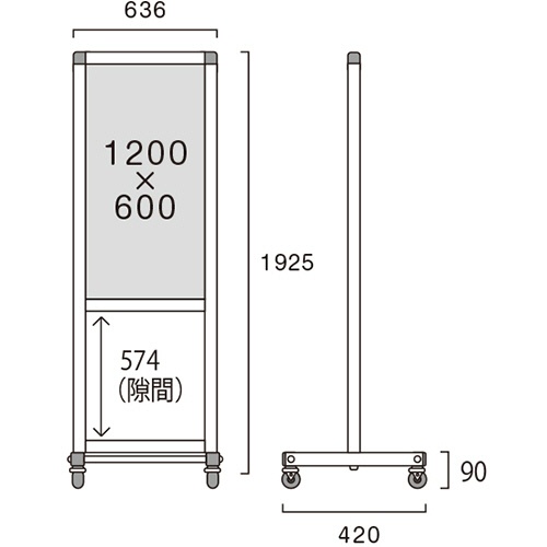 常磐精工　トールパーテーション　アクリル（１２００×６００ｍｍ）タイプ　幅６３６×奥行４２０×高さ１９２５ｍｍ　キャスター付　ＴＨＢＰ１２００Ｘ６００Ｋ　１台2