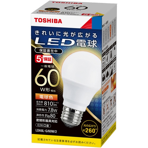 東芝ライテック　ＬＥＤ電球　一般電球形　Ｅ２６口金　７．８Ｗ　電球色　ＬＤＡ８Ｌ－Ｇ／６０Ｗ／２　１個1