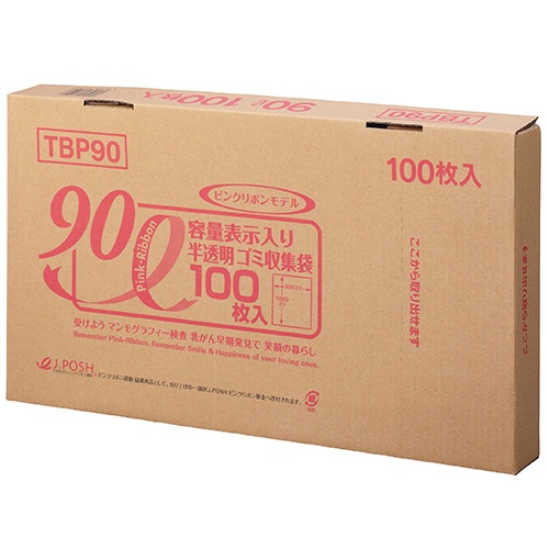 ジャパックス　容量表示入りゴミ袋　ピンクリボンモデル　乳白半透明　９０Ｌ　ＢＯＸタイプ　ＴＢＰ９０　１箱（１００枚）1