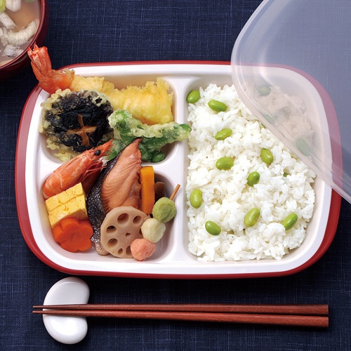 小森樹脂　フタ付ランチプレート「楽弁」　角型　朱　１個2