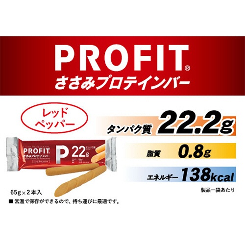 丸善　プロフィットささみプロテインバー　レッドペッパー　１３０ｇ（６５ｇ×２本）　１パック3