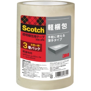 ３Ｍ　スコッチ　透明梱包用テープ　軽量物用　厚さ０．０５ｍｍ　４８ｍｍ×５０ｍ　３０９－３ＰＮ　１パック（３巻）1