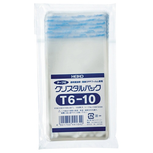 シモジマ　ＨＥＩＫＯ　クリスタルパック　Ｔ（テープ付）　Ｔ６－１０　０．０３×６０×１００＋３０ｍｍ　＃６７４０３００　１パック（１００枚）1