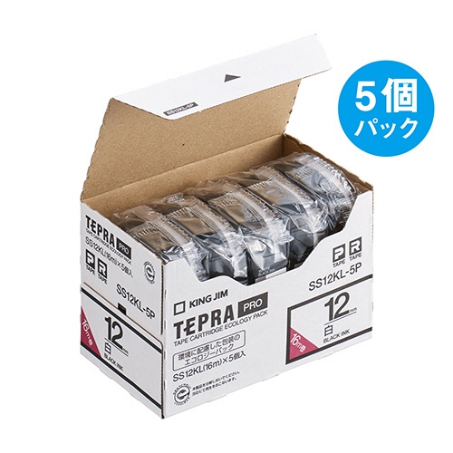 キングジム　テプラ　ＰＲＯ　テープカートリッジ　ロングタイプ　１２ｍｍ　白／黒文字　ＳＳ１２ＫＬ－５Ｐ　１パック（５個）3