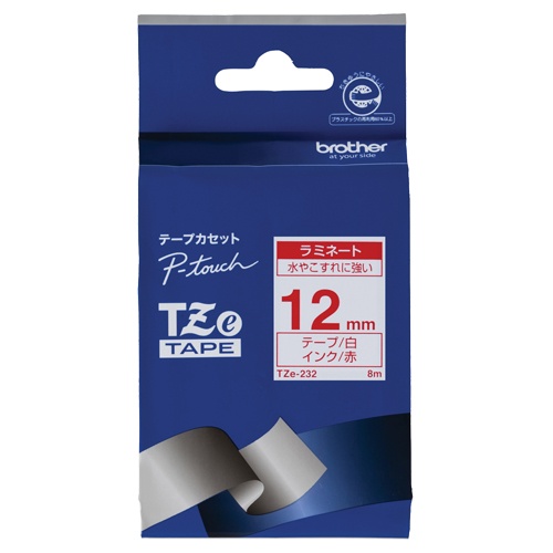 ブラザー　ピータッチ　ＴＺｅテープ　ラミネートテープ　１２ｍｍ　白／赤文字　ＴＺＥ－２３２　１個1
