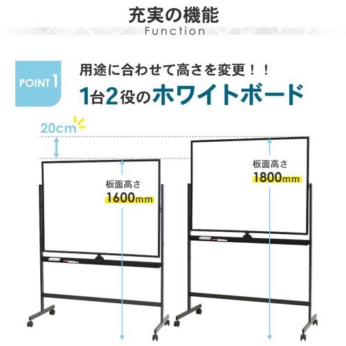 ネットフォース　フレックスボード　ホワイトボード　キャスター脚　両面　ホーロー板面　幅１８００ｍｍ　ブラックフレーム　ＷＢ－ＨＲ１８９０－ＴＷ－ＢＫ　１台3