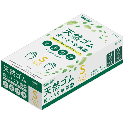川西工業　天然ゴム使いきり手袋　粉なし　Ｓ　＃２１３２　１箱（１００枚）1