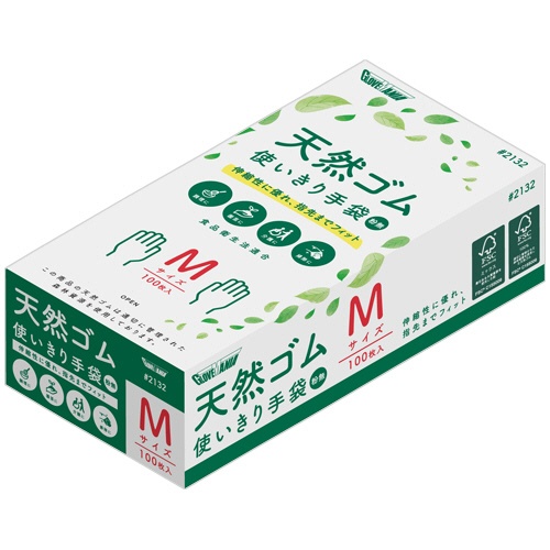 川西工業　天然ゴム使いきり手袋　粉なし　Ｍ　＃２１３２　１箱（１００枚）1