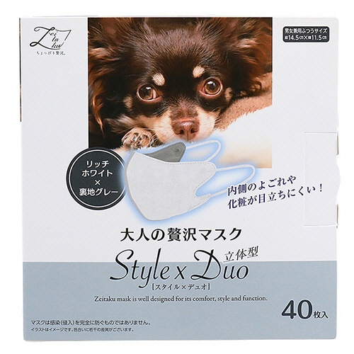 原田産業　大人の贅沢マスク　Ｓｔｙｌｅ×Ｄｕｏ　ふつうサイズ　リッチホワイト（裏地グレー）　１箱（４０枚）1