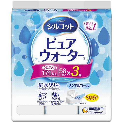 ユニ・チャーム　シルコットウェットティッシュ　ピュアウォーター　つめかえ用　１パック（１７４枚：５８枚×３個）1