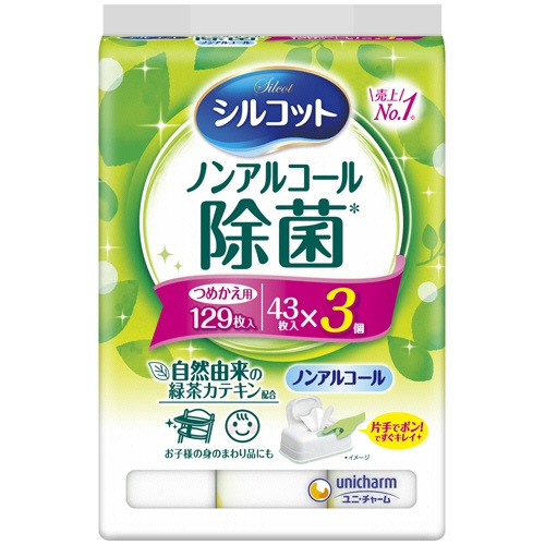 ユニ・チャーム　シルコットウェットティッシュ　ノンアルコール除菌　つめかえ用　１パック（１２９枚：４３枚×３個）1