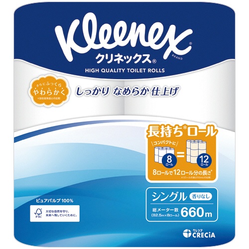 日本製紙クレシア　クリネックス　長持ち　シングル　８２．５ｍ　１パック（８ロール）1