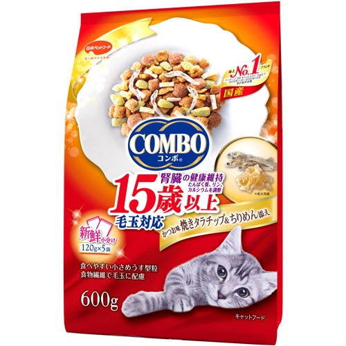 日本ペットフード　コンボ　キャット　毛玉対応　１５歳以上　かつお味・焼きタラチップ・ちりめん添え　６００ｇ（１２０ｇ×５袋）　１パック1