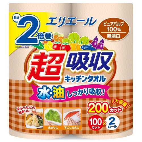 大王製紙　エリエール　超吸収キッチンタオル　無漂白　１００カット／ロール　１パック（２ロール）1