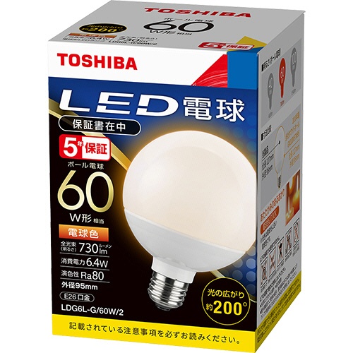 東芝ライテック　ＬＥＤ電球　ボール電球形　Ｅ２６口金　６．４Ｗ　電球色　ＬＤＧ６Ｌ－Ｇ／６０Ｗ／２　１個1