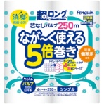 丸富製紙　トイレットペーパー　ペンギン　５倍巻き　パルプ　シングル　芯なし　２５０ｍ　１パック（４ロール）