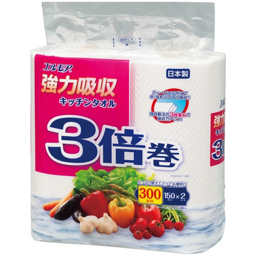 カミ商事　エルモア　強力吸収キッチンタオル３倍巻　３枚重ね×１５０カット　１パック（２ロール）1