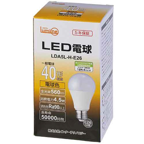 インターテクノロジー　ＬＥＤ電球　一般形　Ｅ２６口金　４．５Ｗ　３０００Ｋ　電球色　ＬＤＡ５Ｌ－Ｈ－Ｅ２６　１個2