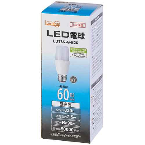 インターテクノロジー　ＬＥＤ電球　Ｔ形　Ｅ２６口金　７．５Ｗ　５０００Ｋ　昼白色　ＬＤＴ８Ｎ－Ｇ－Ｅ２６　１個2