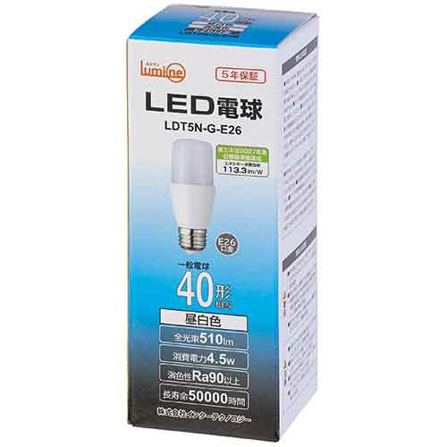 インターテクノロジー　ＬＥＤ電球　Ｔ形　Ｅ２６口金　４．５Ｗ　５０００Ｋ　昼白色　ＬＤＴ５Ｎ－Ｇ－Ｅ２６　１個2