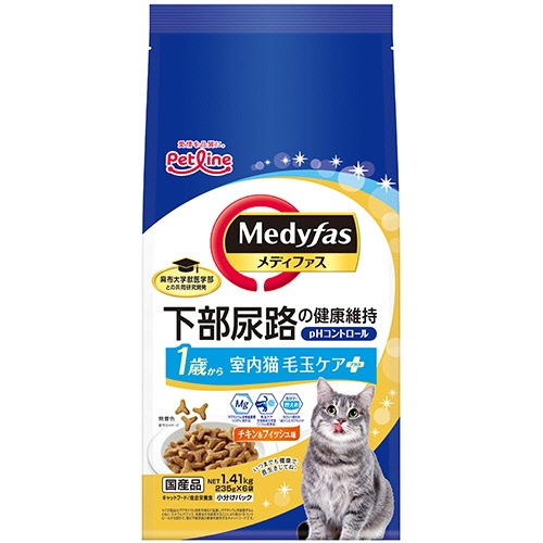 ペットライン　メディファス　室内猫　毛玉ケアプラス　１歳から　チキン＆フィッシュ味　１．４１ｋｇ（２３５ｇ×６袋）　１パック1