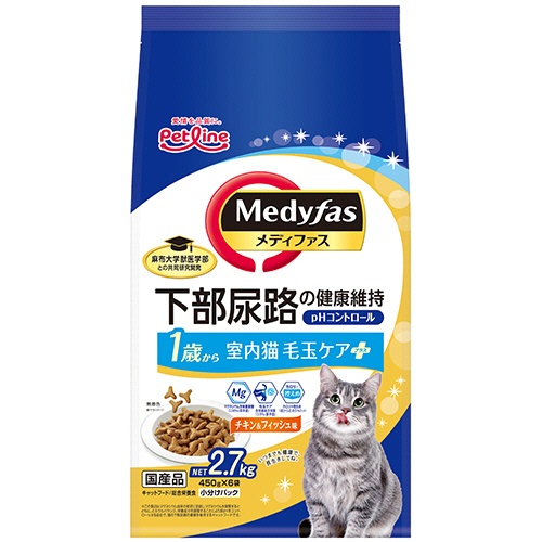 ペットライン　メディファス　室内猫　毛玉ケアプラス　１歳から　チキン＆フィッシュ味　２．７ｋｇ（４５０ｇ×６袋）　１パック1