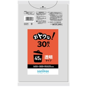 日本サニパック　おトクな！ゴミ袋　透明　４５Ｌ　０．０２５ｍｍ　Ｕ－４３Ｔ　１パック（３０枚）