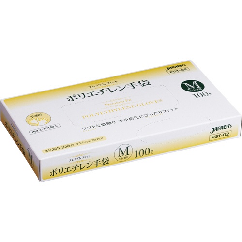 ジャパックス　プレミアムフィット　ＰＥ手袋　クリア　Ｍ　ＰＧＴ－０２　１セット（５００枚：１００枚×５箱）1