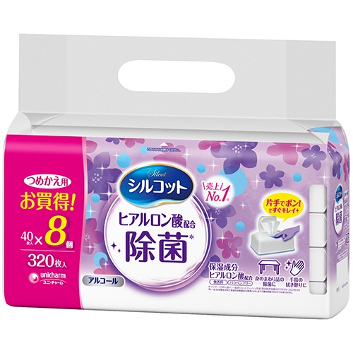 ユニ・チャーム　シルコットウェットティッシュ　アルコールタイプ除菌　つめかえ用　１セット（１２８０枚：３２０枚×４パック）1