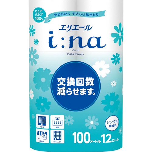 大王製紙　エリエール　ｉ：ｎａ（イーナ）トイレットティシュー　シングル　芯あり　１００ｍ　無香料　１セット（７２ロール：１２ロール×６パック）1