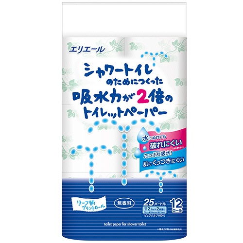 大王製紙　エリエール　シャワートイレのためにつくった吸水力が２倍のトイレットペーパー　ダブル　芯あり　２５ｍ　無香料　１セット（７２ロール：１２ロール×６パック）1