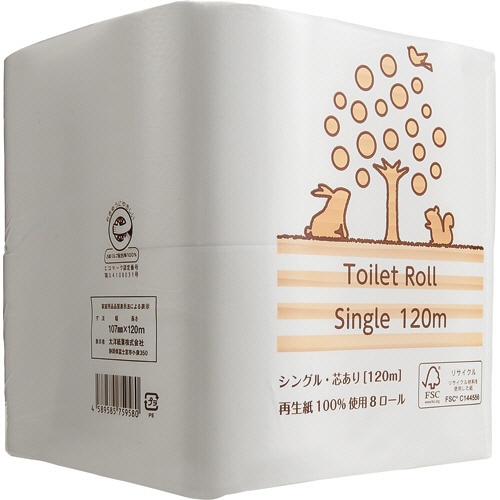 ＴＡＮＯＳＥＥ　リサイクルトイレットペーパー（２倍巻）　シングル　芯あり　１２０ｍ　１セット（１４４ロール：８ロール×１８パック）1
