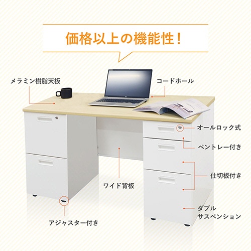 ネットフォース　ＮＵＴＳ　両袖机　袖２段・２段　１２００×６００×７００ｍｍ　本体・袖箱ホワイト　天板ナチュラル　ＬＲＤ－１２６－ＴＷ－ＮＡＷＨ－２２　１台8