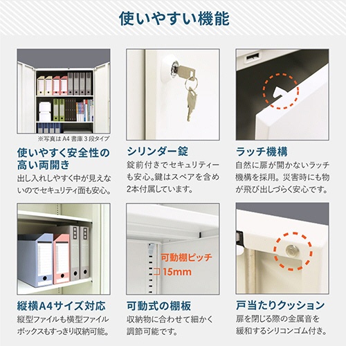 ネットフォース　イーセンブリー　８８４０書庫　両開き書庫　シリンダー錠　２段　幅８８０×奥行４００×高さ７５０ｍｍ　ホワイト　ＥＡ－８８４０－２Ｒ－ＴＷ－ＷＨ　１台3