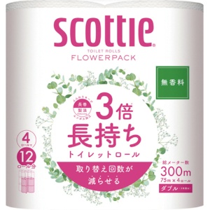 日本製紙クレシア　スコッティ　フラワーパック　３倍長持ち　ダブル　芯あり　７５ｍ　１パック（４ロール）1