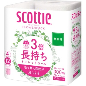 日本製紙クレシア　スコッティ　フラワーパック　３倍長持ち　ダブル　芯あり　７５ｍ　１パック（４ロール）2