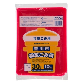 ジャパックス　豊川市　指定ごみ袋　可燃用　赤半透明　３０Ｌ　ＯＴ－３４　１パック（１０枚）