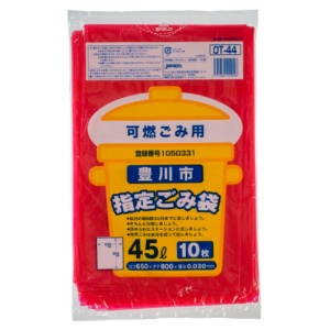ジャパックス　豊川市　指定ごみ袋　可燃用　赤半透明　４５Ｌ　ＯＴ－４４　１パック（１０枚）1