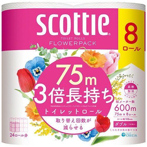 日本製紙クレシア　スコッティ　フラワーパック　３倍長持ち　ダブル　芯あり　７５ｍ　香り付き　１パック（８ロール）1