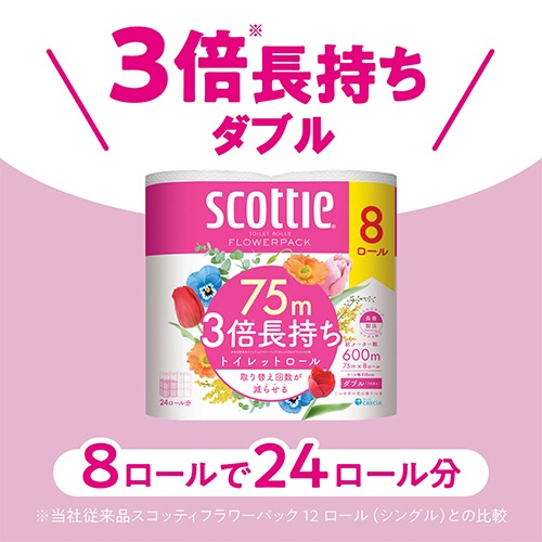 日本製紙クレシア　スコッティ　フラワーパック　３倍長持ち　ダブル　芯あり　７５ｍ　香り付き　１パック（８ロール）3