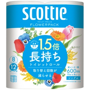 日本製紙クレシア　スコッティ　フラワーパック　１．５倍長持ち　シングル　芯あり　７５ｍ　香り付き　１パック（８ロール）1