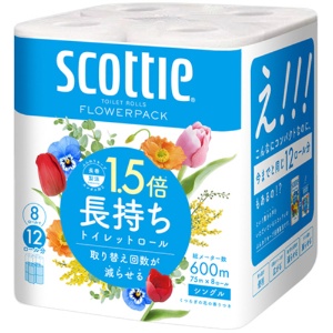 日本製紙クレシア　スコッティ　フラワーパック　１．５倍長持ち　シングル　芯あり　７５ｍ　香り付き　１パック（８ロール）2
