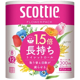 日本製紙クレシア　スコッティ　フラワーパック　１．５倍長持ち　ダブル　芯あり　３７．５ｍ　香り付き　１パック（８ロール）